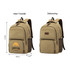 A tan canvas laptop backpack with brown accents, featuring pockets and a logo in one view.