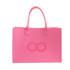A pink customizable felt tote bag with handles and a logo on the front.