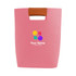 A pink felt tote bag with a tan handle and a multicoloured logo on the front.