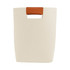 An elegant, cream felt tote bag with a brown leather handle and a logo on the front.