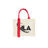 A cream horizontal canvas tote bag with red handles and a logo on the front.