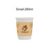 A compostable white paper cup with a brown sleeve featuring illustrations of coffee and a logo.
