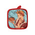 A medium quilted pot holder featuring a retro design with a woman holding a cake, in blue and red colours.