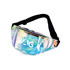 A reflective, iridescent bum bag with a black strap and a zippered compartment, featuring a logo on the front.