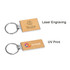 A wooden keyring with a rectangular wooden design and metal keychain, featuring laser engraving and UV print.