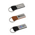 A set of three PU leather keyrings in black and brown, each featuring a metal tag and a logo or branding.
