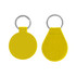 A yellow PU leather keyring with a circular and teardrop shape, featuring a silver metal ring and branding.
