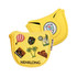 A yellow Custom Mallet Putter Cover with various embroidered designs and a logo.