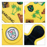 A custom mallet putter cover in vibrant yellow, featuring various patterns, including palm trees and a logo.