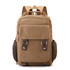 A tan canvas sling backpack with multiple pockets, adjustable straps, and a mesh side pocket. It has a logo on it.