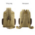 A beige canvas sling bag hybrid with adjustable straps and side pockets, presented from the back view.