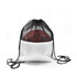 A drawstring mesh backpack in white with black accents, featuring a basketball inside and a front pocket.