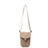 A small sized canvas shoulder bag in a light beige colour with a simple design and adjustable strap.