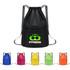 A black drawstring backpack with a fitness logo, surrounded by bags in blue, pink, yellow, orange, and green.