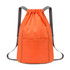 An orange drawstring backpack features adjustable straps and a front pocket. It includes a logo on the side.