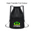 A black drawstring backpack with a green and white graphic logo and grey straps. It features a front pocket.