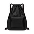 A black multi-pocket drawstring backpack with a front zip pocket and adjustable straps, featuring a logo.