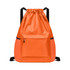 An orange multi-pocket drawstring backpack featuring a front zip pocket and adjustable black straps.