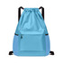 A blue multi-pocket drawstring backpack featuring a front zip pocket and adjustable straps. It has a logo on it.