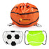 A ball-shaped drawstring backpack in orange with a textured basketball design, accompanied by black and white and green tennis styles.