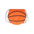 An orange ball-shaped drawstring backpack with black markings, featuring two drawstrings for closure.
