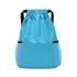 A turquoise drawstring backpack with black accents and mesh side pockets. It features a logo on the front.