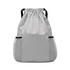 A grey drawstring backpack with black accents and mesh side pockets. It features a logo on the front.
