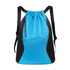 A sports drawstring backpack in bright blue with black mesh accents and adjustable straps.