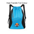 A sports drawstring backpack in blue and black with a logo and a side zip pocket.