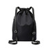 A black drawstring backpack with a mesh design and adjustable straps, featuring a logo on the front.