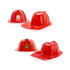 A red PVC fire chief hat with a shiny finish and a logo on one side. Suitable for promotional use.