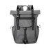 A grey polyurethane roll top backpack featuring adjustable straps, multiple compartments, and a logo.
