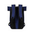 A blue roll top backpack with black straps and mesh detailing, featuring adjustable shoulder straps and a logo.