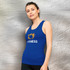 A blue athletic tank top featuring a logo on the front, designed for women's fitness wear.