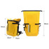 A yellow waterproof roll top backpack with adjustable straps, side pockets, and reflective details. Features a logo.
