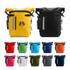 A waterproof roll top backpack available in various colours including yellow, black, red, green, and blue, featuring a logo.