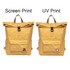 A tan Tyvek roll-top backpack with a front pocket and adjustable straps, featuring two print styles and a logo.