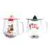 A double wall mug featuring festive designs with a Santa and a Christmas tree, in clear and colourful plastic.