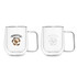 A barrel-shaped double wall mug with a clear glass design, featuring a logo and a comfortable handle.