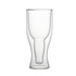A drink bottle made of clear glass with a double wall design and a sturdy base. It features a logo.