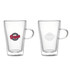 A double wall glass mug with a transparent design and a logo on one side, featuring a handle.