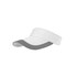 A white and grey sun visor with a curved brim and an adjustable strap, featuring a logo.
