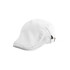A white beret hat with a structured shape and adjustable strap on the side.