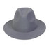 A grey felt wide brim fedora hat with a smooth finish and a rounded crown. Includes a branding logo.