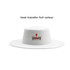 A white felt fedora hat featuring a logo on the front and a flat top design.