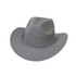 A grey felt cowboy hat with a wide brim and a slightly raised crown, featuring a simple design.