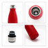 A drink bottle featuring a sleek red design, double-wall insulation, recycled stainless steel, and a logo.