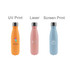 A drink bottle display featuring three recyclable stainless steel bottles in orange, pink, and blue, each with a logo.