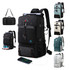 A convertible black backpack duffel bag displayed alongside in various colours, featuring multiple compartments and a logo.