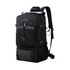A black convertible backpack duffel bag with multiple compartments and adjustable straps, featuring a logo.